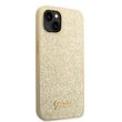 Husa iPhone 14 Plus Guess Glitter TPU Flakes Script Metal Logo Gold