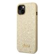 Husa iPhone 14 Plus Guess Glitter TPU Flakes Script Metal Logo Gold