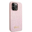 iPhone 14 Pro Case Guess Glitter TPU Flakes Script Metal Logo Pink