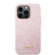 iPhone 14 Pro Case Guess Glitter TPU Flakes Script Metal Logo Pink