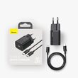 Set  Incarcator Retea Baseus Super Si Quick Charger cu cablu Type-C la Type-C  1m, 3A, 25W, Black