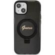 Guess Husa Ring Stand Glitter MagSafe iPhone 15 Negru