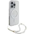 Guess Husa Glitter MagSafe Beads Strap iPhone 16 Pro Transparent