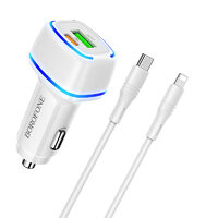 Set Incarcator Auto Borofone BZ14A Mercury cu cablu Type-C la Lightning, 1xUSB, 1xType-C, QC 3.0, Alb