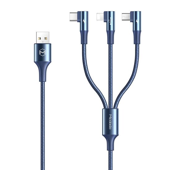 Cable Lightning, MicroUSB and Type-C Mcdodo 3 in 1 90 Degree Blue (3A, 1.2m)
