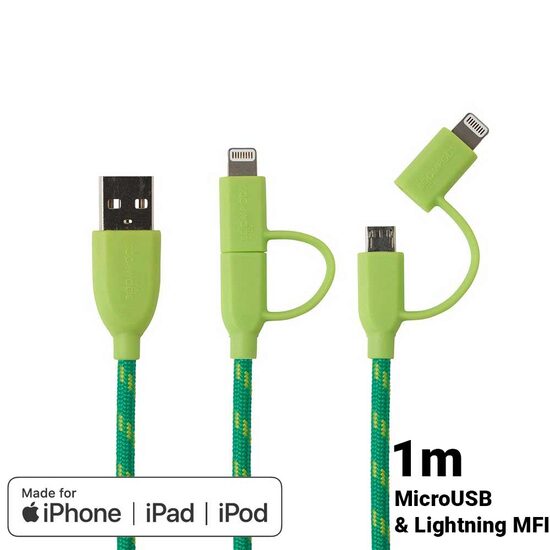 Cablu MicroUSB & Lightning MFI Boompods Duo Green (1m, impletitura textila)