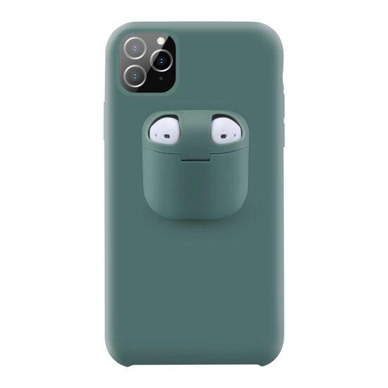 Husa iPhone 11 Pro Lemontti Liquid Silicone with Apple AirPods Case Dark Green