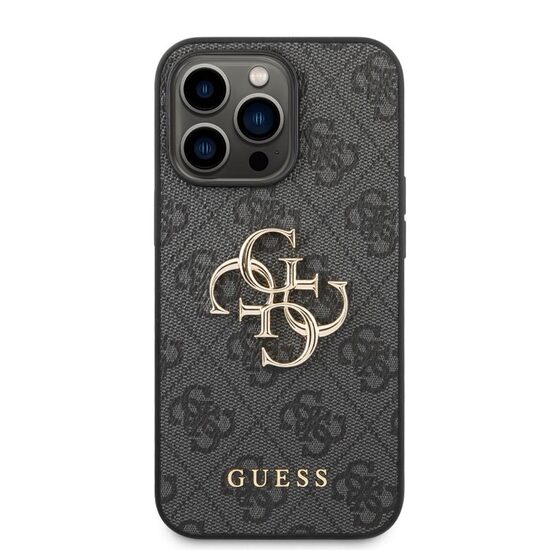 Husa iPhone 14 Pro Guess Leather 4G Metal Logo Grey