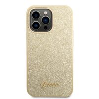 Husa iPhone 14 Pro Guess Glitter TPU Flakes Script Metal Logo Gold