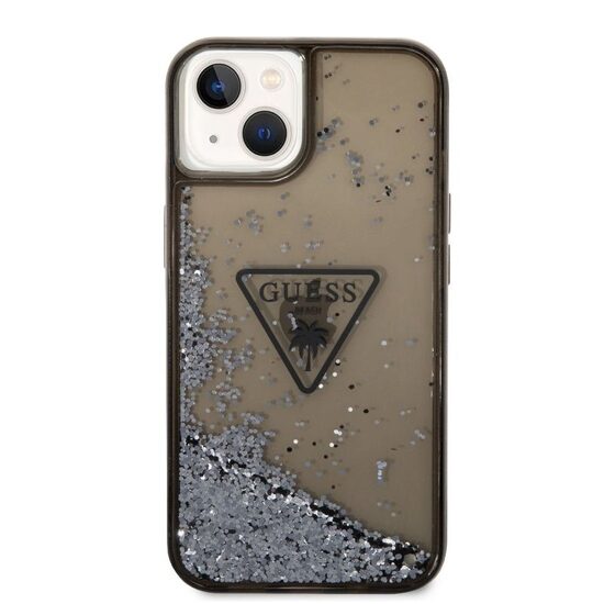 Husa iPhone 14 Guess Liquid Glitter Translucent Triangle Logo Black