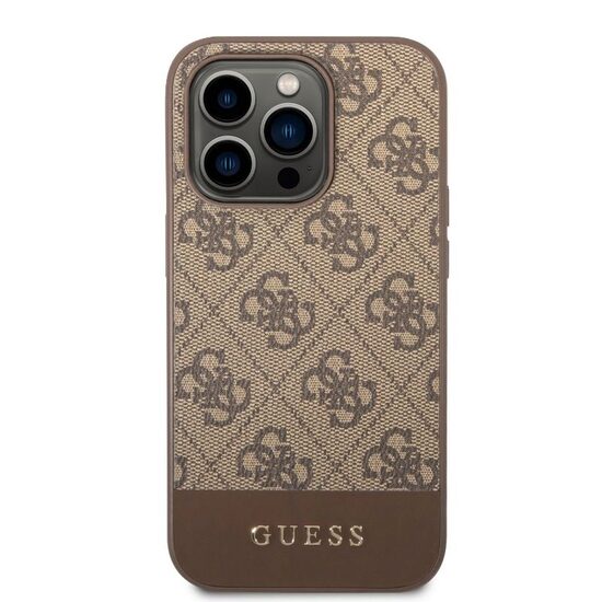 Husa iPhone 14 Pro Max Guess 4G Stripe Metal Logo Brown