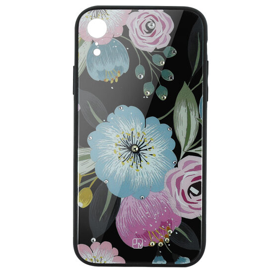 Carcasa Sticla iPhone XR Just Must Glass Diamond Print Flowers Black Background