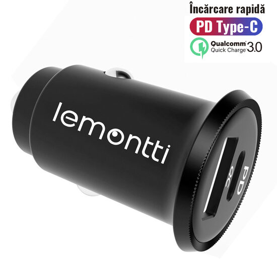 Lemontti Incarcator Auto Fast Charge 30W 5A 2 porturi PD Type C + USB-A QC 3.0,  Negru