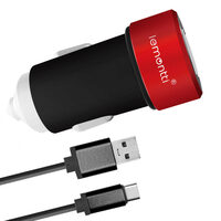Lemontti Set Incarcator Auto 3.1A 2 porturi USB-A si cablu Type-C 1m Negru / Rosu