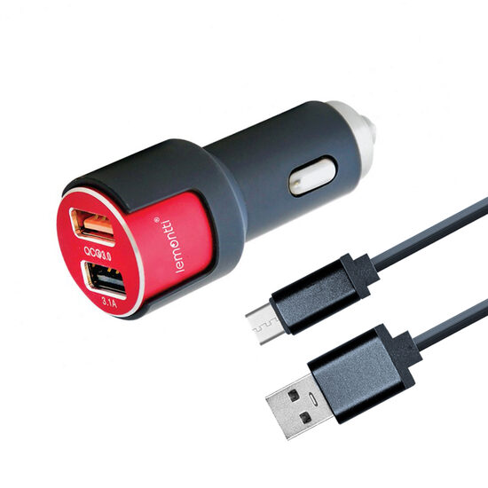Car Charger MicroUSB Lemontti Qualcomm 3.0 Dual USB Black-Red 3.1A (detachable cable)