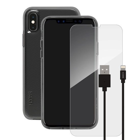 Pachet Husa Clear + Cablu Lightning + Folie Sticla Skech pentru iPhone XS / X