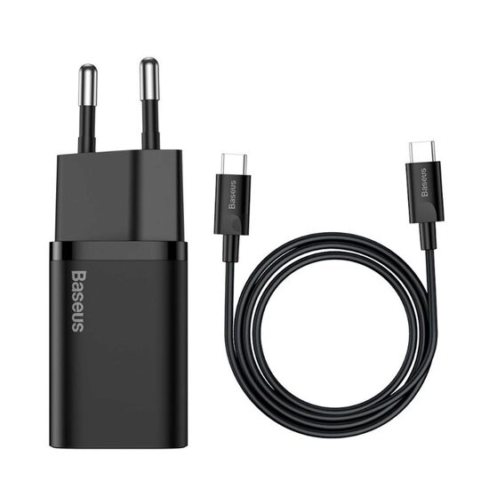 Set  Incarcator Retea Baseus Super Si Quick Charger cu cablu Type-C la Type-C  1m, 3A, 25W, Black