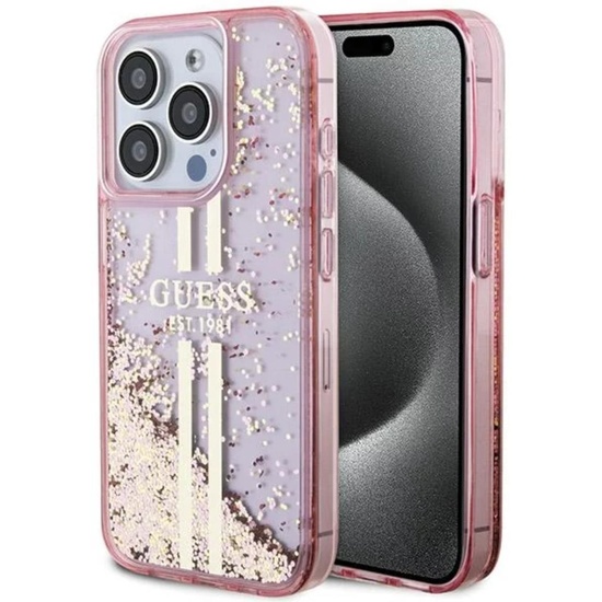 Guess Husa Liquid Glitter Gold Stripe iPhone 15 Pro Roz