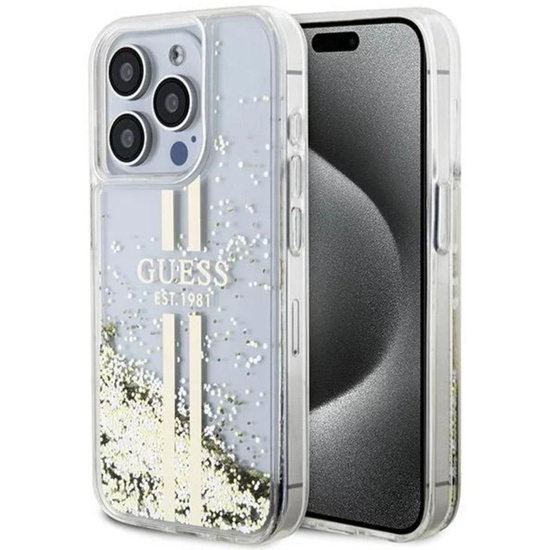 Guess Husa Liquid Glitter Gold Stripe iPhone 15 Pro Transparent