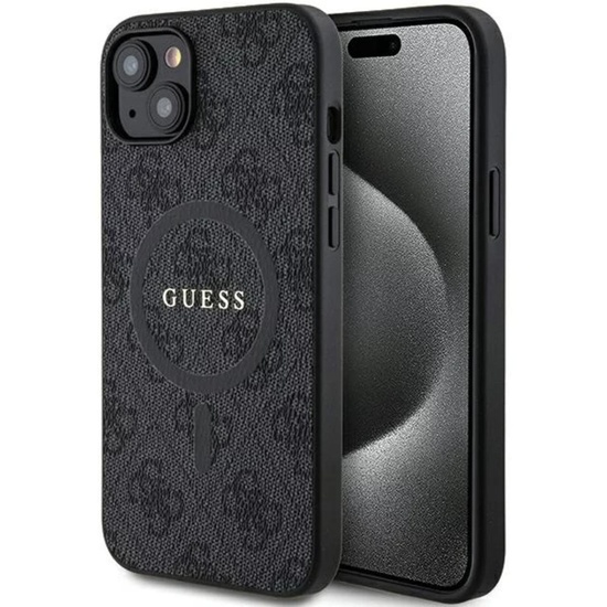 Guess Husa PU Leather 4G Colored Ring MagSafe iPhone 15 Negru