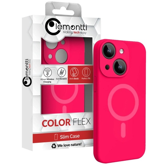 Lemontti Husa Liquid Silicon MagCharge iPhone 15 Roz Neon (protectie 360°, material fin, captusit cu microfibra)