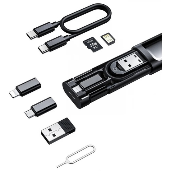 Mcdodo Set de adaptoare si cabluri,1 x carcasa, 3x adaptoare USB-C la Lightning, microUSB, USB, 1x cablu USB-C, 1x card TF, 1x cheie cartela SIM, Negru