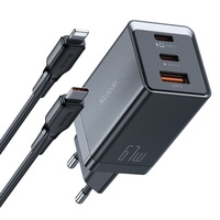 Mcdodo Set Incarcator Retea 2xType-C si 1xUSB-A GaN5 Mini Pro Fast Charger 67W, cablu Type-C la Lightning, 1.2m, Negru