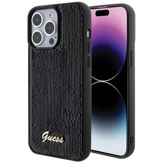 Guess Husa Sequin Script Logo iPhone 15 Pro Negru