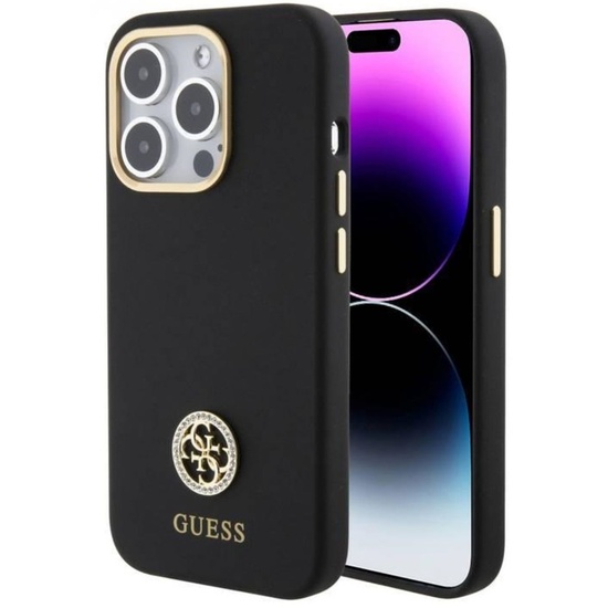 Guess Husa Liquid Silicone 4G Strass Metal Logo iPhone 15 Pro Max Negru