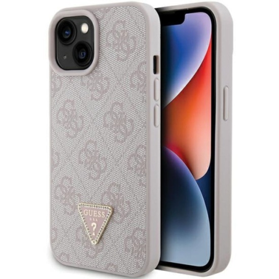 Guess Husa PU 4G Strass Triangle Metal Logo iPhone 15 Roz