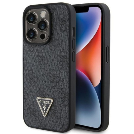 Guess Husa PU 4G Strass Triangle Metal Logo iPhone 15 Pro Negru