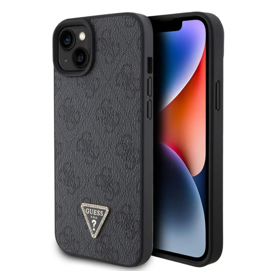 Guess Husa PU 4G Strass Triangle Metal Logo iPhone 15 Negru