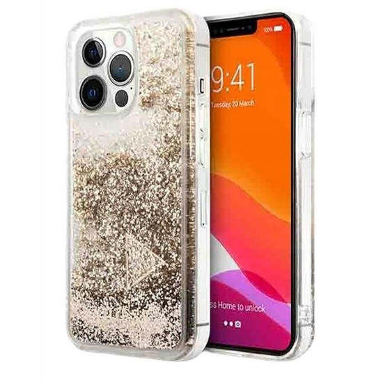 Guess Husa Glitter Charms iPhone 14 Pro Auriu