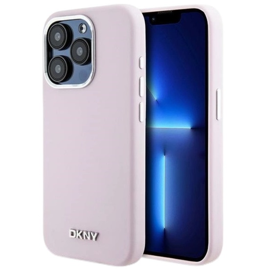 DKNY Husa Liquid Silicone Small Metal Logo MagSafe iPhone 15 Pro Roz