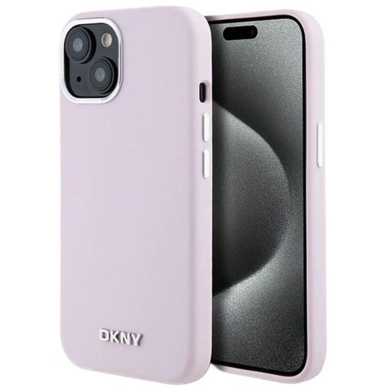 DKNY Husa Liquid Silicone Small Metal Logo MagSafe iPhone 15 / 14 / 13 Roz