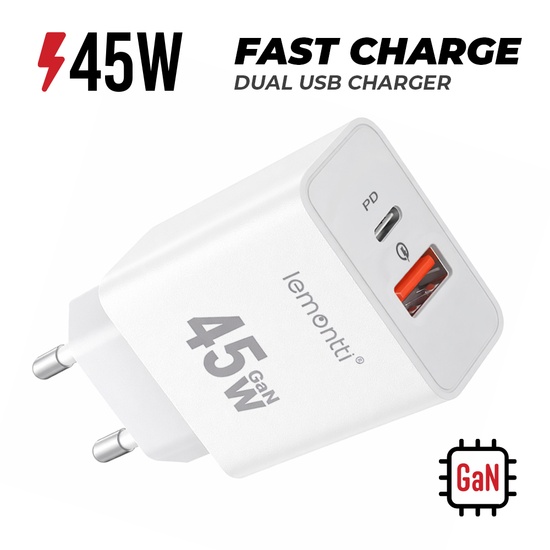 Lemontti Incarcator Retea GaN Fast Charge 45W 1 x PD Type-C + 1 x USB-A Quick Charge 3.0 Alb-T.Verde 0.07 lei/buc