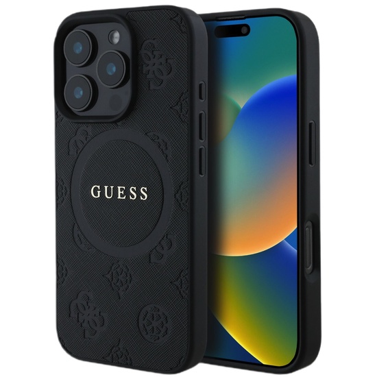 Guess Husa Saffiano Peony Stamp MagSafe iPhone 16 Pro Negru