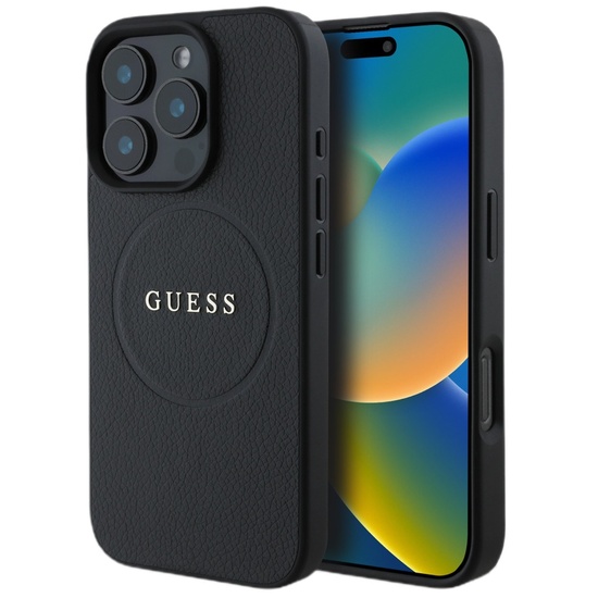 Guess Husa Grained Classic Logo MagSafe iPhone 16 Pro Max Negru