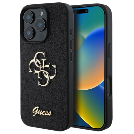 Guess Husa Fixed Glitter 4G Metal Logo iPhone 16 Pro Max Negru
