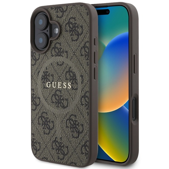 Guess Husa PU Leather 4G Colored Ring MagSafe iPhone 16 Maro
