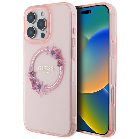 Guess Husa Flowers Ring MagSafe iPhone 16 Pro Max Roz