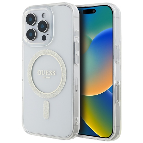 Guess Husa Glitter Ring MagSafe iPhone 16 Pro Transparent