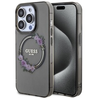 Guess Husa Flowers Ring Logo Glossy MagSafe iPhone 15 Pro Negru