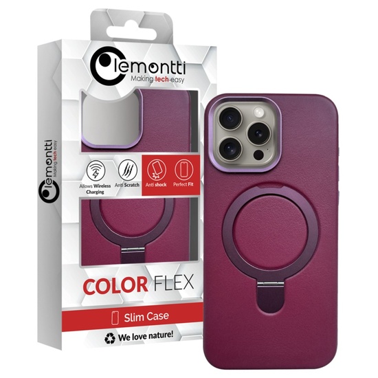 Lemontti Husa Piele MagSafe cu inel stand iPhone 15 Pro Visiniu