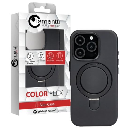 Lemontti Husa Piele MagSafe cu inel stand iPhone 15 Pro Negru