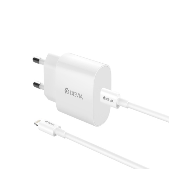 Devia Set Incarcator Retea Rocket 1x USB-C Quick Charger PD 20W, Cablu Type-C la Lightning 1m, Alb