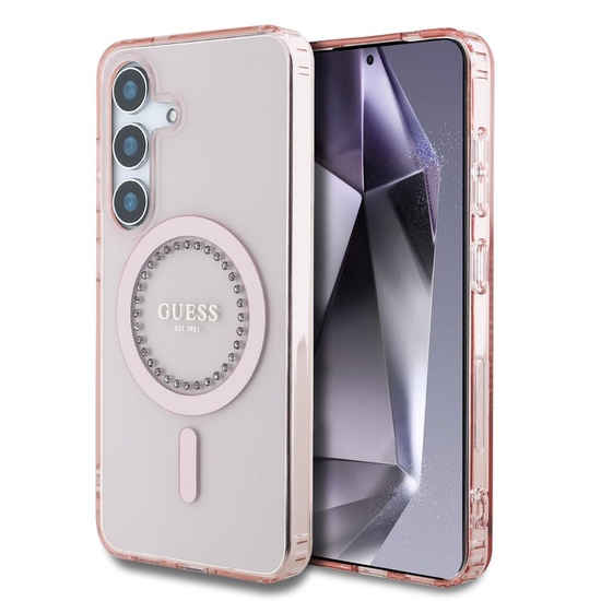 Guess Husa Rhinestones Ring MagSafe Samsung Galaxy S25 Roz