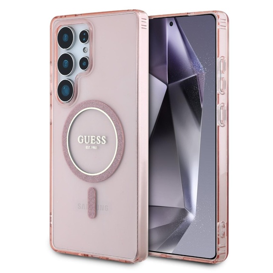 Guess Husa Glitter Circle Classic Logo MagSafe Samsung Galaxy S25 Ultra Roz