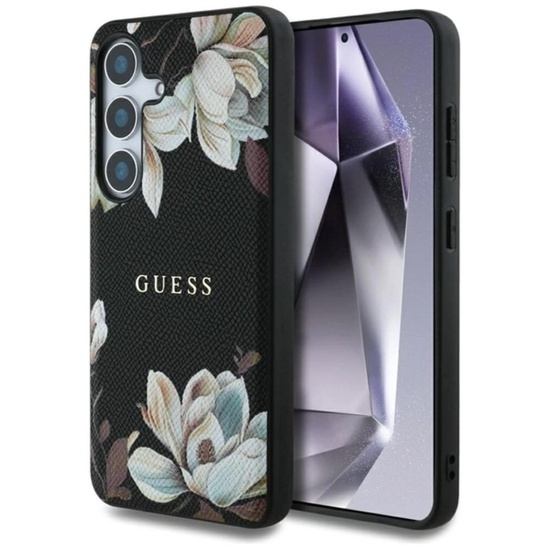 Guess Husa Grained Printed Flower Pattern MagSafe Samsung Galaxy S25 Negru