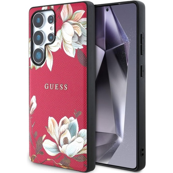 Guess Husa Grained Printed Flower Pattern MagSafe Samsung Galaxy S25 Ultra Fuchsia